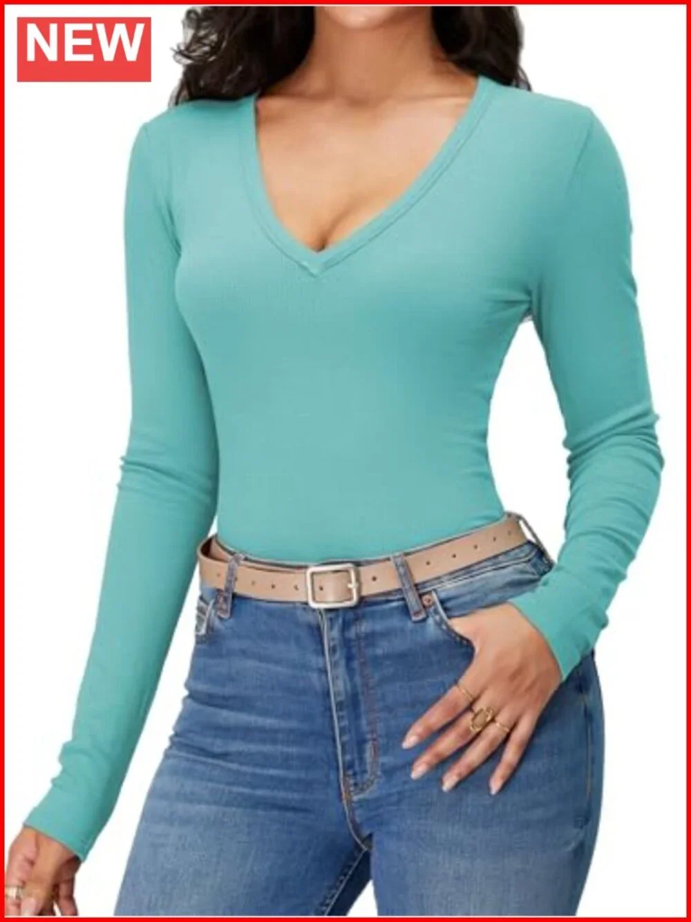 Women Long Sleeve V Neck Ribbed Knit Slim Fit Business Casual Work Top